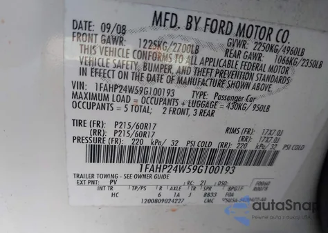 2009 Ford Taurus Sel z USA, uszkodzony, nr VIN 1FAHP24W59G100193
